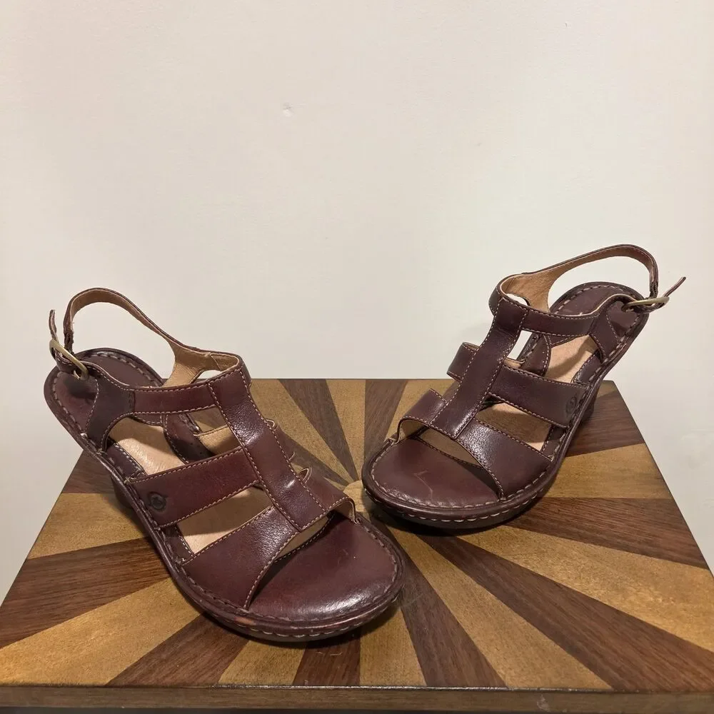 BORN Caged T-Strap Wedge Heeled Sandals US 7 Brown Leather Strappy Boho Hippie